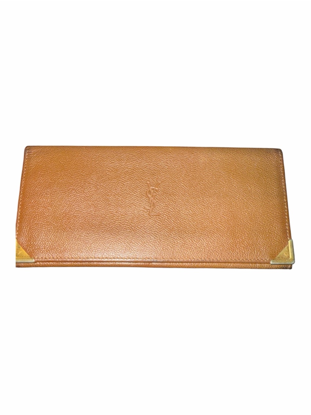Vintage Yves Saint Laurent YSL Tan Pebbled Leather Long Wallet Gold Corners